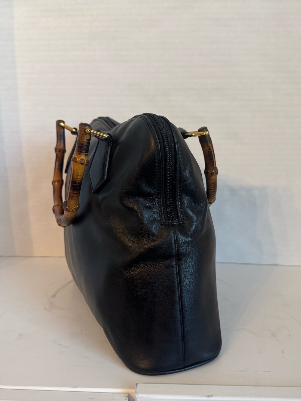 Large Authentic Gucci Black leather bamboo handle bag purse satchel - Picture 8 of 17